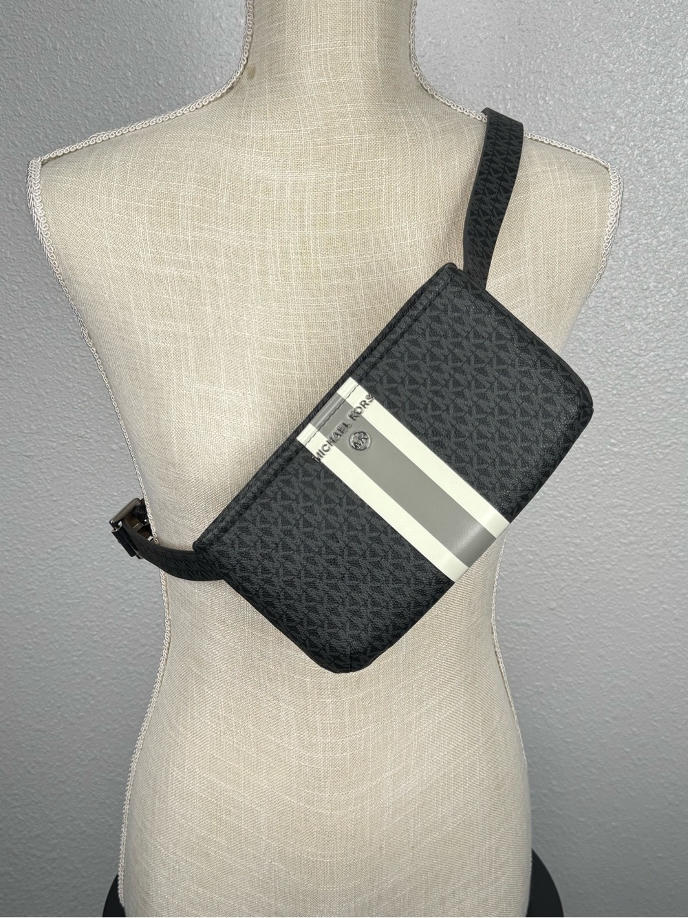 Michael Kors Black Logo Print Belt Bag Fanny Pack with Gray and White Stripe